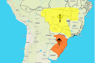 No mapa, a parte laranja alerta para temporal e a amarela, para baixa umidade relativa do ar. (Foto: reprodução/Inmet)