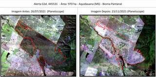 Imagens de satélite mostram área extraída em Aquidauana. (Foto: Reprodução/MapBiomas)