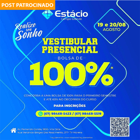 Vestibular acontece em agosto, com bolsa de 100% para 1° colocado