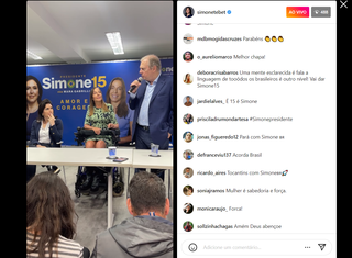 Senador Tasso Jereissati discursa durante anúncio feito em coletiva e transmitido ao vivo pelo Instagram de Simone Tebet. (Foto: Reprodução)