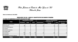 Tabela com o número de magistrados no portal da transparência. (Foto: Reprodução)