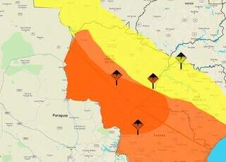 Áreas em laranja no mapa em MS indicam risco de tempestade e em amarelo de chuva intensa (Arte: Inmet)