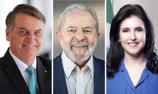 Presidente Jair Bolsonaro (PL); ex-presidente Luís Inácio Lula da Silva (PT) e a senadora sul-mato-grossense Simone Tebet (MDB). (Imagem: Divulgação)