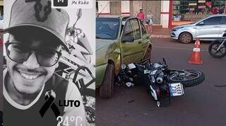 Vítima do lado esquerdo, moto de jovem do lado direito após colidir com carro (Foto: Sidormídia MS)