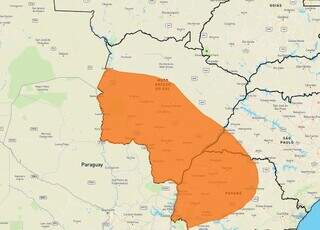 Área em laranja no mapa de MS indica risco de tempestade (Arte: Inmet)