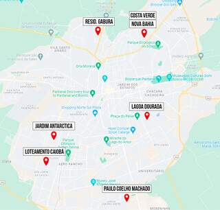Locais da cidade onde serão sorteadas as unidades habitacionais. (Foto: Campo Grande News)