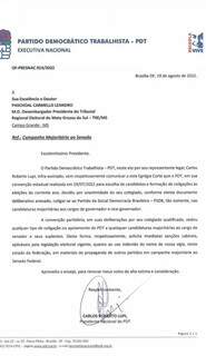 Carta enviada ao presidente do TRE-MS e assinada pelo presidente nacional do PDT, Carlos Lupi. (Foto: Reprodução)