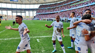 Jogadores comemorando a vitória deste domingo (28). (Foto: Reprodução/Twitter/EsporteClubeBahia) 