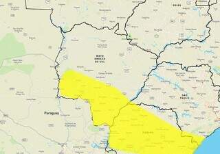 Área em amarelo no mapa indica risco de tempestade (Arte: Inmet)