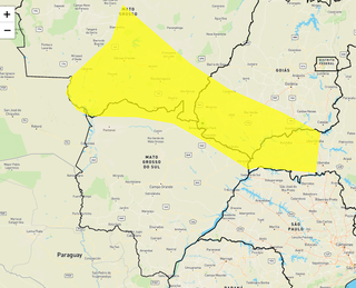 Faixa amarela indica que há possibilidade de chuva intensa para 11 municípios do Pantanal e da região norte. (Foto: reprodução / Inmet)