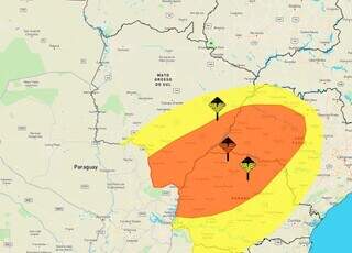 Áreas em laranja e amarelo indicam risco de tempestade em parte de MS (Arte: Inmet)