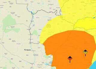 Áreas em amarelo e laranja indicam risco de tempestade em parte de MS. (Arte: Inmet)