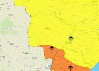 Áreas em amarelo e laranja indicam chance de temporal em MS (Arte: Inmet)