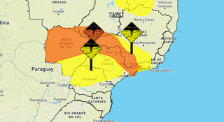 Faixa laranja (perigo) e amarela (perigo potencial) indica alerta de tempestade para MS (Foto: reprodução / Inmet) 