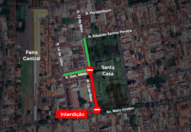 Recapeamento interdita Rua 13 de Maio e entrada da Santa Casa