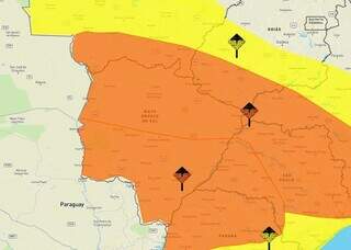 Área em laranja indica risco de tempestade em MS (Arte: Inmet)