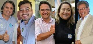 Pedro Caravina (PSDB), Rafael Tavares (PRTB), Pedro Pedrossian Neto (PSD), Lia Nogueira (PSDB) e Roberto Hashioka (União Brasil). (Fotos: Divulgação/Redes Sociais)