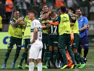 Jogadores do Palmeiras comemorando a vitória em campo. (Foto: Cesar Greco)