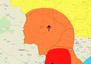 Área em laranja indica risco de temporal em todo MS (Arte: Inmet)