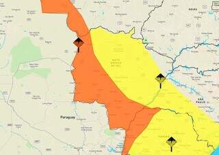 Área em laranja indica risco de queda de granizo e ventos de até 100 km por hora (Arte: Inmet)