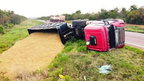 Motorista perde controle, tomba carreta com gr&atilde;os e fica ferido na MS-338