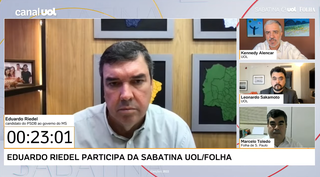 Reprodução da transmissão da sabatina realizada pela Folha/Uol com o candidato ao governo Eduardo Riedel (PSDB). (Foto: Reprodução)