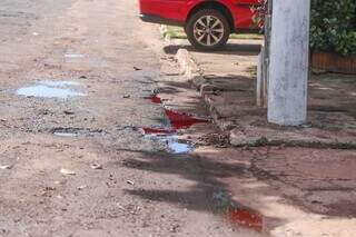 Nesta manhã, marcas de sangue ainda era vista no local onde ocorreu o crime (Foto: Marcos Maluf)