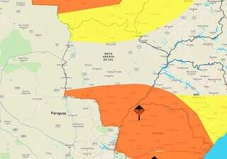 Áreas em amarelo indica risco de chuva intensa e em laranja de temporal em MS (Arte: Inmet)