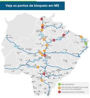 Pontos de bloqueios em Mato Grosso do Sul. (Arte: Thiago Mendes)