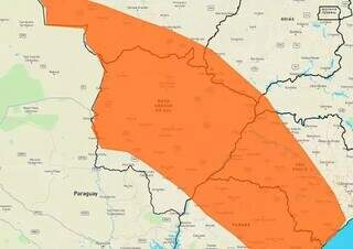 Área em laranja indica risco de temporal na maior parte de MS (Arte: Inmet)