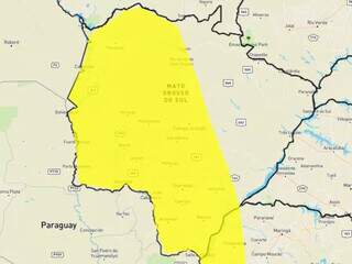 Na cor amarela, alerta é de perigo potencial para 62 cidades de MS (Imagem: Reprodução Inmet)