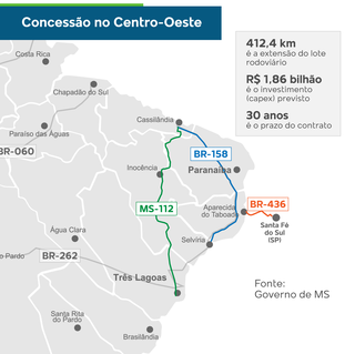 Trechos que serão administrados pela empresa em Mato Grosso do Sul (Arte: Campo Grande News)