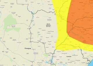 Áreas em amarelo e laranja indicam risco de tempestade em parte de MS (Arte: Inmet)