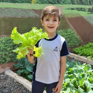 Na horta do colégio, os pequenos colocam a “mão na massa” e aprendem brincando. (Foto: Divulgação)