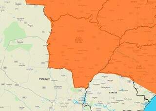 Área em laranja indica risco de tempestade em MS (Arte: Inmet)