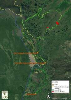Mapa de focos dentro do Parque Nacional do Pantanal Mato-grossense: pontos vermelhos mostram detecção de focos de calor dentro e nas áreas adjacentes das  Brigadas Pantaneiras. (Foto: SOS Pantanal)