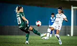 Jogadoras do Palmeiras e Santos disputam bola. (Foto: Reprodução/Paulistão Feminino)