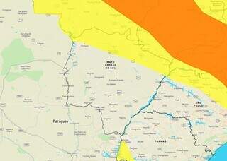 Área em amarelo indica risco de chuva intensa em MS (Arte: Inmet)