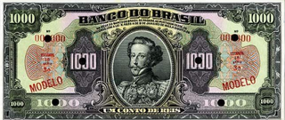 Reprodução de cédula de um conto de réis, moeda vigente até 1942.