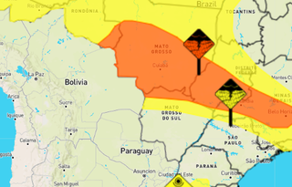 Faixa laraja e amarela indicam chuva para 23 cidades de Mato Grosso do Sul (Foto: reprodução / Inmet)