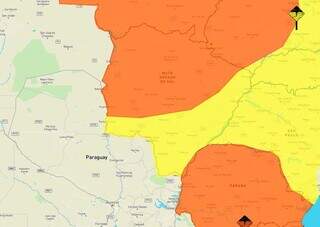 Áreas em amarelo e laranja indicam risco de chuva forte em MS (Arte: Inmet)