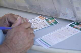 Apostadora anotando os números no canhoto da Mega-Sena (Foto: Kísie Ainoã)