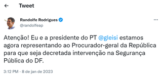 Reprodução do twitter do líder do presidente Lula no Congresso, senador Randolfe Rodrigues. (Foto: Reprodução)