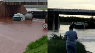 Carreta bitrem quase submersa em viaduto na cidade de Rio Brilhante (Foto: Rio Brilhante em Tempo Real)