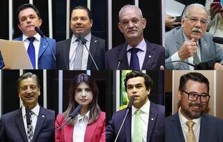 De cima para baixo, da esquerda para a direita os deputados: Vander Loubet (PT), Gordinho do Bolsonaro (PL), Geraldo Resende (PSDB), Luiz Ovando (PP), Dagoberto Nogueira (PSDB), Camila Jara (PT), Beto Pereira (PSDB) e Marcos Pollon (PL). (Foto: Reprodução)