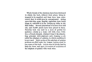 Trecho de nota sobre quinina publicada na Scientific American em 1863, mencionando a destruição de florestas naturais de cinchona e a administração de sulfato de quinina misturada com vinho
