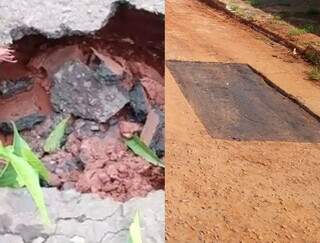 Antes e depois de buraco aberto na Rua Ronaldo Monteiro, em Campo Grande (Foto: Divulgação)