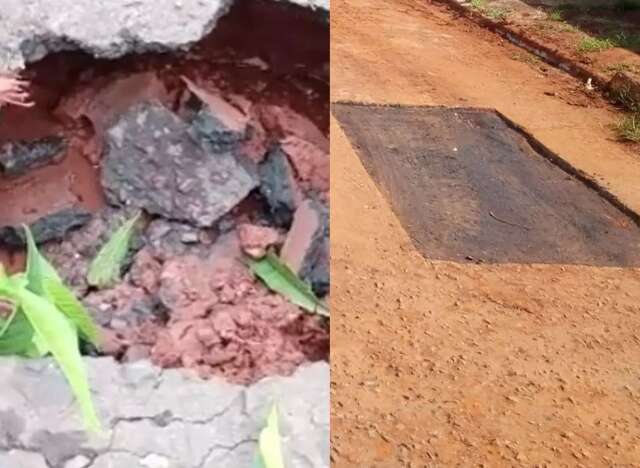 Concession&aacute;ria conserta vazamento em cratera na Vila Gl&oacute;ria 