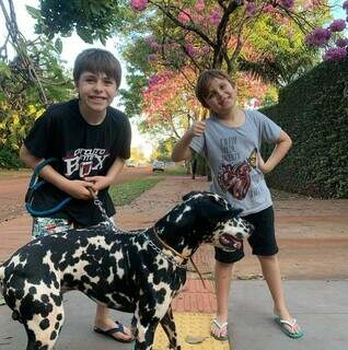 Registro de 2022 dos meninos com o mascote da família. (Foto: Arquivo pessoal)