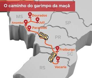 Percurso feito pelos indígenas do Estado até pomares de maçã em Santa Catarina e Rio Grande do Sul. (Foto: Reprodução) 